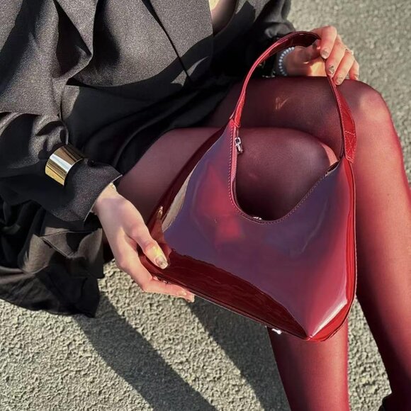 Patent Leather Hobo Clutch Evening Bag Women's Shoulder Satchel Compact - Picture 3 of 6